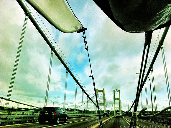 Driving across Tacoma Narrows bridge with kayak and SUP